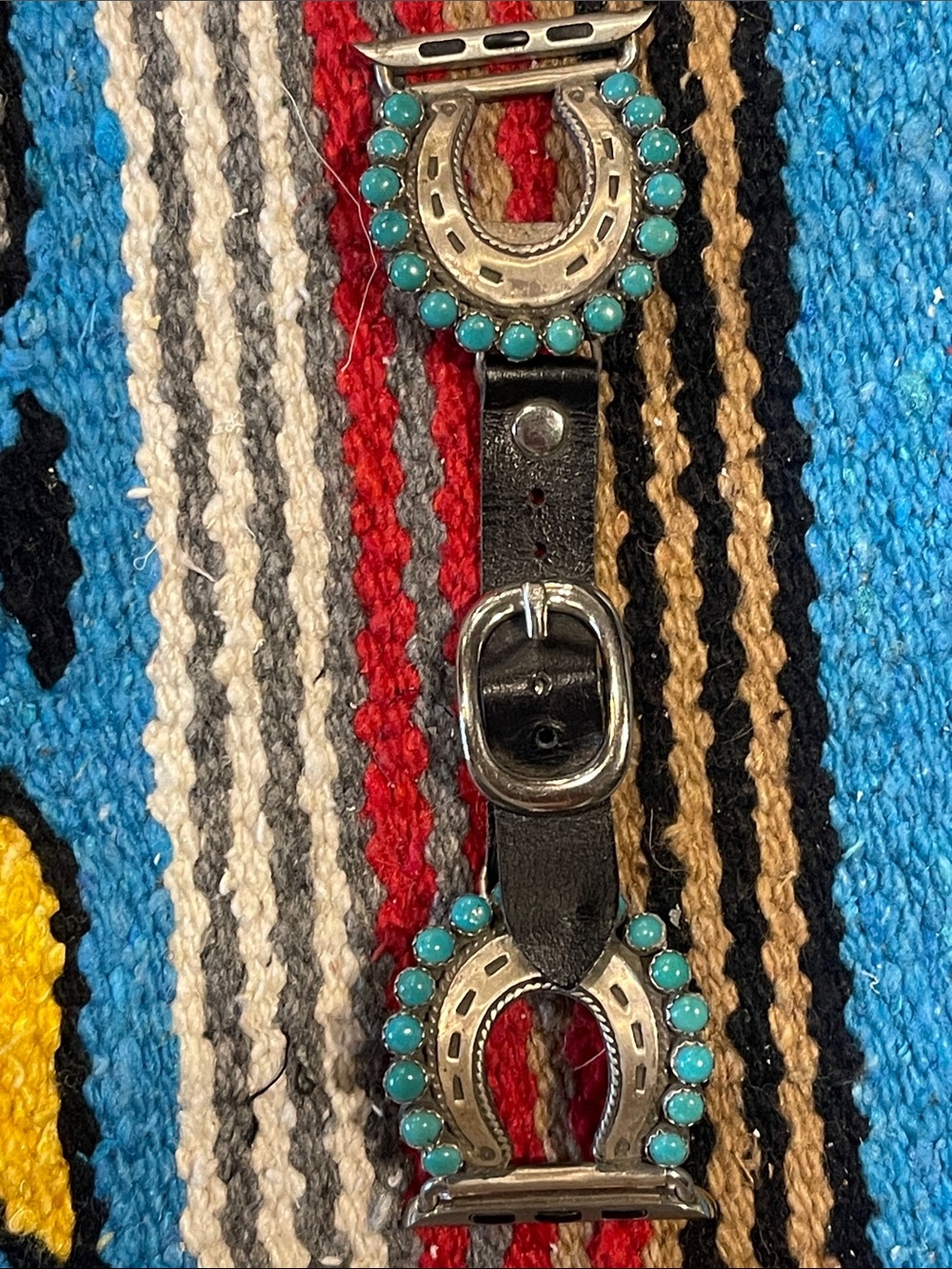 Black Leather Watch Band with Turquoise Bead & Horseshoe Accents - Picture 5 of 9